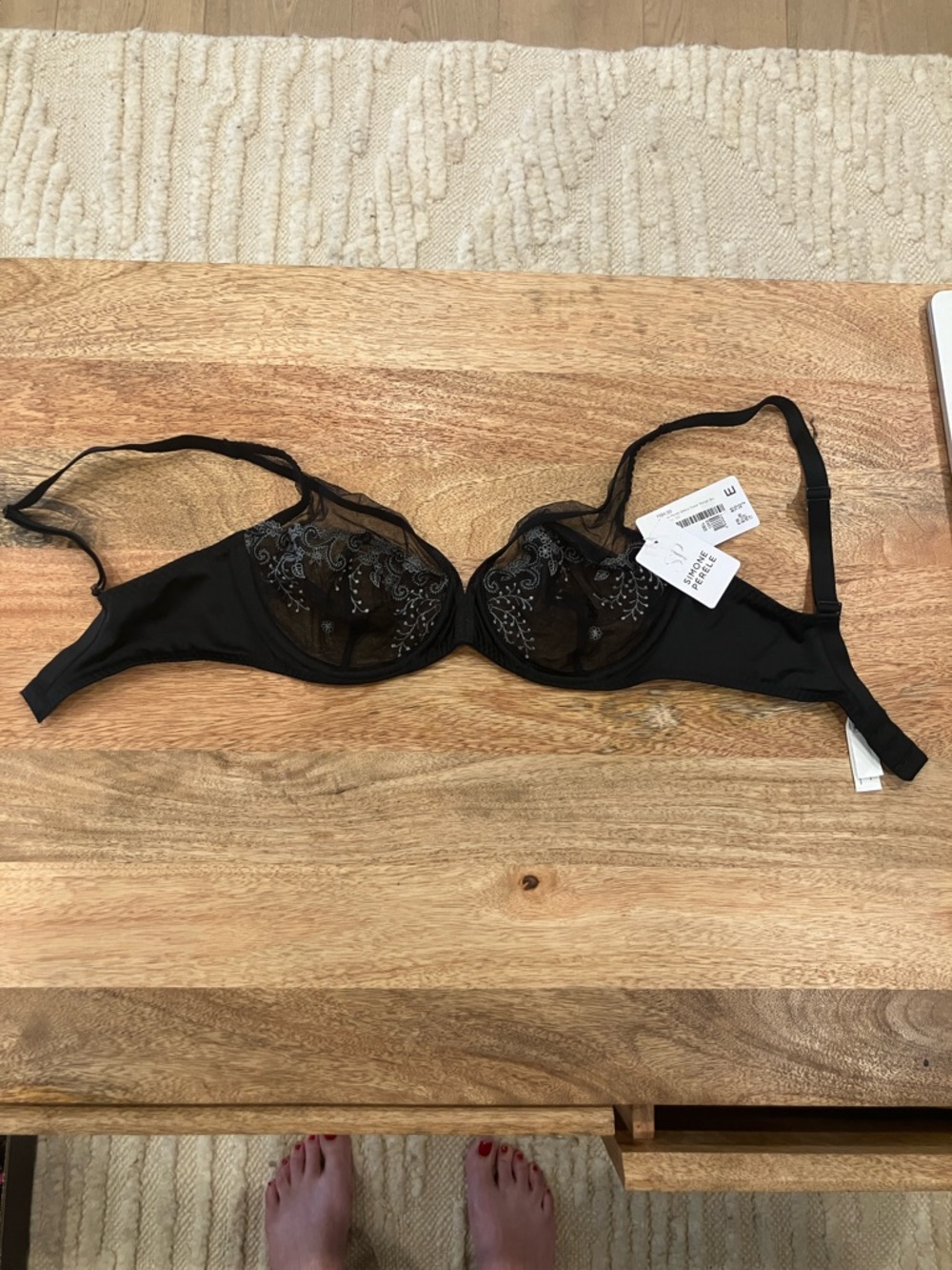 NWT - Simone Perele - Delice Sheer Plunge Bra - Black Underwire Bra - 32E
